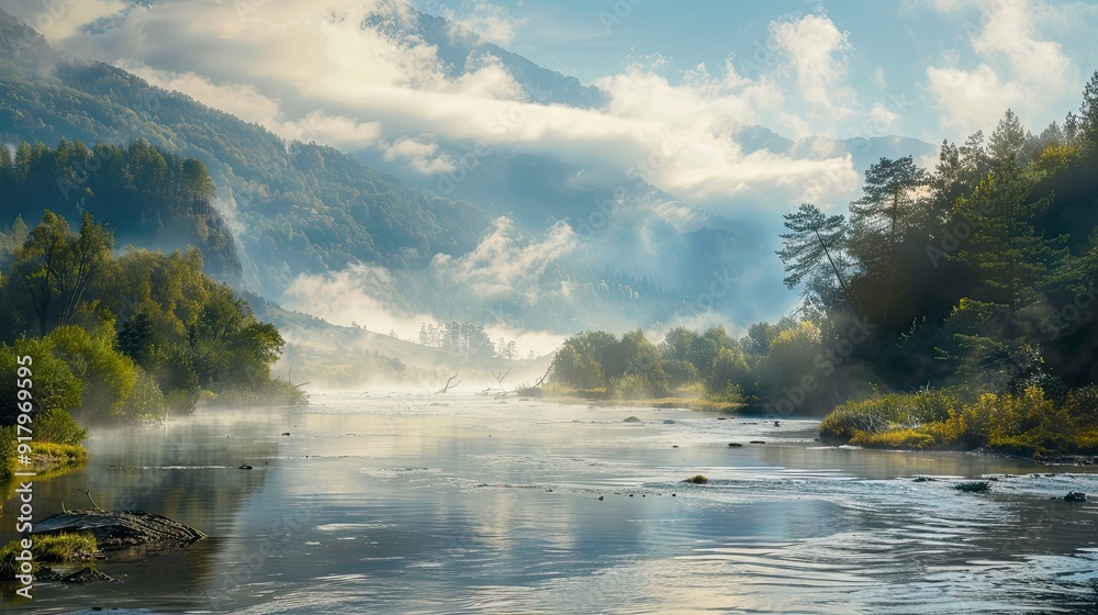 Poster A serene river valley with mist rising in the early morning.