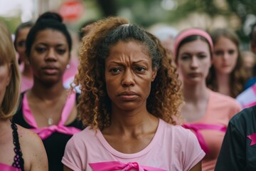 Women at breast cancer awareness march wearing pink ribbons