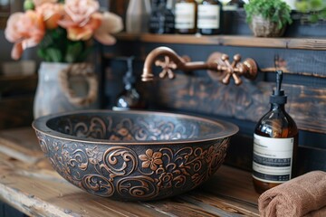 Fototapeta premium Vintage bronze sink with intricate scrollwork reminiscent of old-world craftsmanship and luxury. Antique design concept