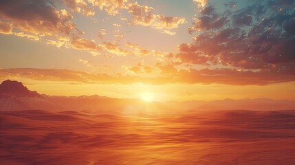 Obraz premium A serene sunrise over a desert landscape with the sky filled with warm colors.