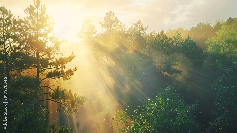 Poster A serene sunrise over a forest with the sun's rays filtering through the trees.