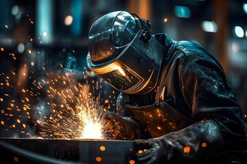 Welding worker in action, sparks flying