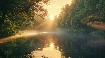 A serene sunrise over a tranquil lake surrounded by dense forest.