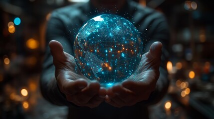 Fototapeta premium Hands holding a glowing digital globe - generative ai