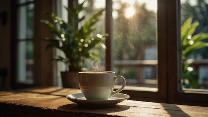 photo of a cup of coffee on a table with a view of the warm morning sunlight made by AI generative