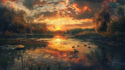 A serene sunset illuminating a tranquil pond, with a family of ducks gliding across the still waters and a vibrant sky reflected in the surface