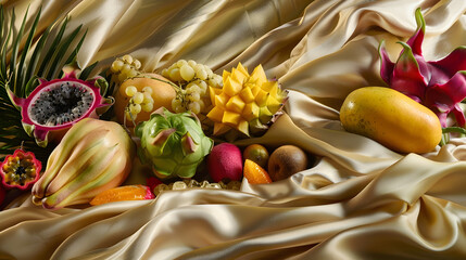 Vibrant Tropical Fruit Display on Luxurious Golden Silk Fabric Background