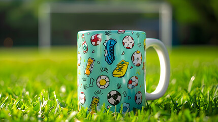 Vibrant Yeti Mug Featuring Soccer Gear Photographed on Lush Grass Soccer Field