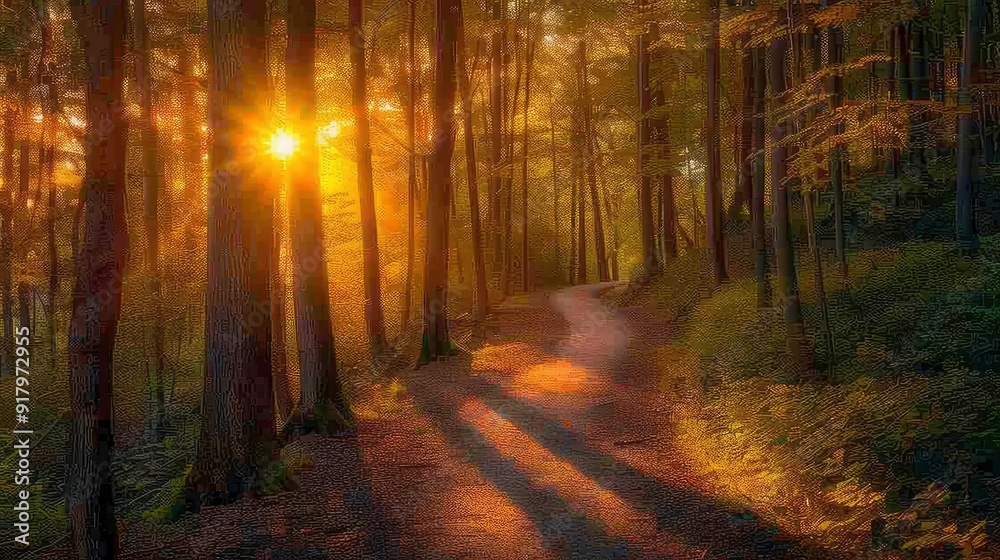 Wall mural A serene sunset illuminating a tranquil forest, with a winding path leading through the trees and a warm, golden light filtering through the leaves