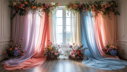curtain backdrop with drapes in soft pastel colors, creating a romantic and airy atmosphere for the wedding
