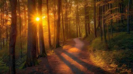 Naklejka premium A serene sunset illuminating a tranquil forest, with a winding path leading through the trees and a warm, golden light filtering through the leaves