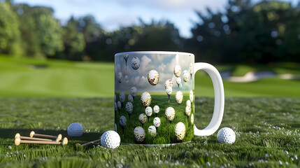 Yeti Golf Mug on Scenic Fairway   Decorated Drinking Cup with Golf Balls and Tees