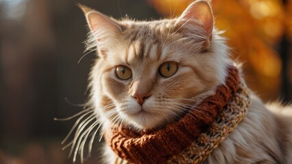 Naklejka premium A closeup portrait of a fluffy beige cat wearing a chunky, knitted brown scarf. Scattered red and orange leaves oin a background, warm autumn colors, cozy seasonal atmosphere.