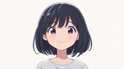 Cute anime character expressing shyness with blushing cheeks and a shy smile, isolated on a white background