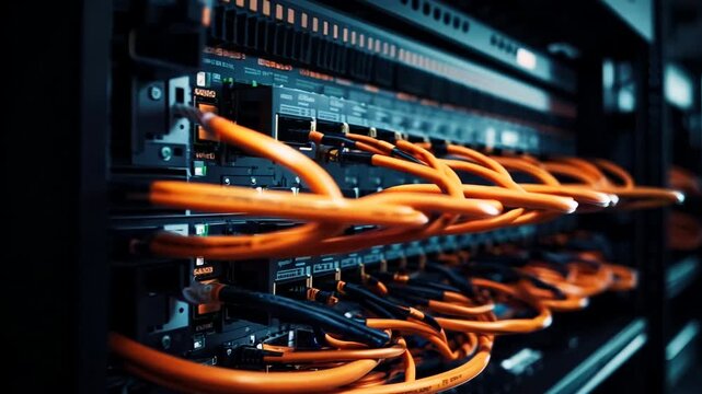 Closeup video of networking cable in the server room, server rack with fiber optic cables	
