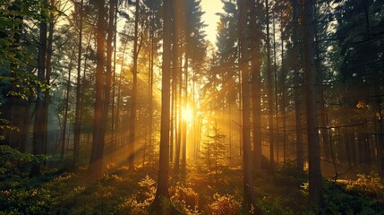 Naklejka premium A serene sunset over a forest with the sun's rays filtering through the trees.