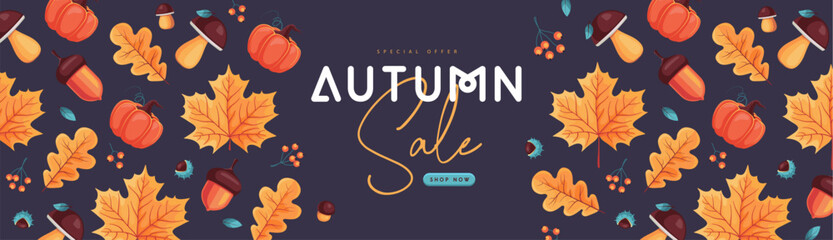 Autumn seasonal sale banner with floral elements and autumn attributes. Vector illustration