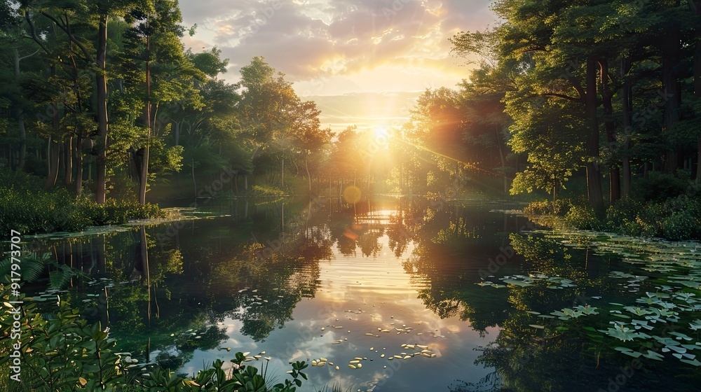 Canvas Prints A serene sunset over a tranquil lake surrounded by dense forest.