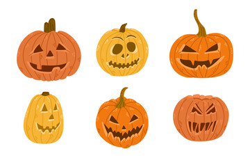 Flat collection of hand drawn contrast scary pumpkins. Spooky design for Halloween isolated on white background. Cute jack o lantern with different face expressions