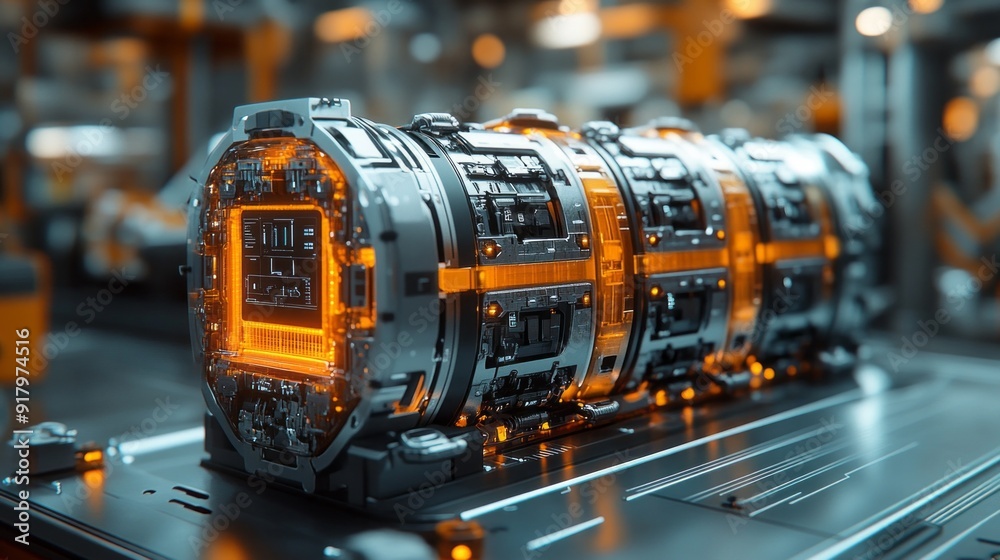 Poster a futuristic looking object with a glowing orange and silver color scheme
