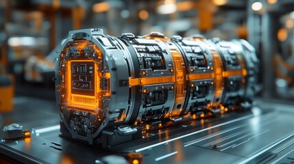 A futuristic looking object with a glowing orange and silver color scheme
