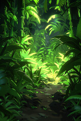Obraz premium Sun shining through lush green jungle path illustration