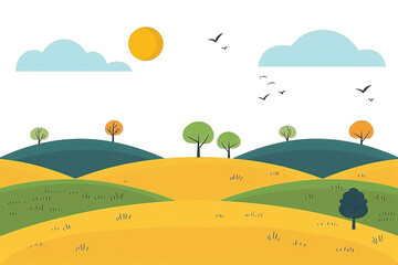 Fototapeta premium Minimalist illustration depicting idyllic rolling hills bathed in sunlight