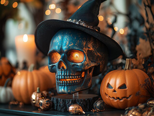A decorated tabletop featuring a blue skull wearing a witch's hat, illuminated pumpkins, and autumnal decorations during Halloween