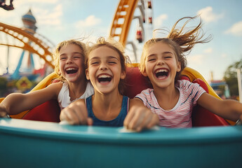 Obraz premium Mother and two children riding a rollercoaster at an amusement park or state fair, experiencing excitement, joy, laughter, and summer fun,&nbsp;