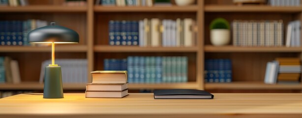 Desk with Books and Lamp – Minimalist Background with Blurred Bookshelves