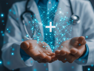 Doctor holding a digital healthcare symbol with blue network lines in a clinical setting