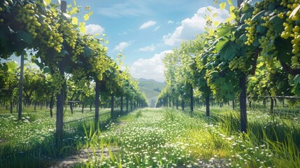 A serene vineyard with rows of grapevines and clear blue skies.