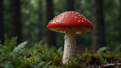 photo of small red mushrooms with forest background made by AI generative