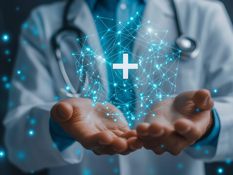 Doctor holding a digital healthcare symbol with blue network lines in a clinical setting