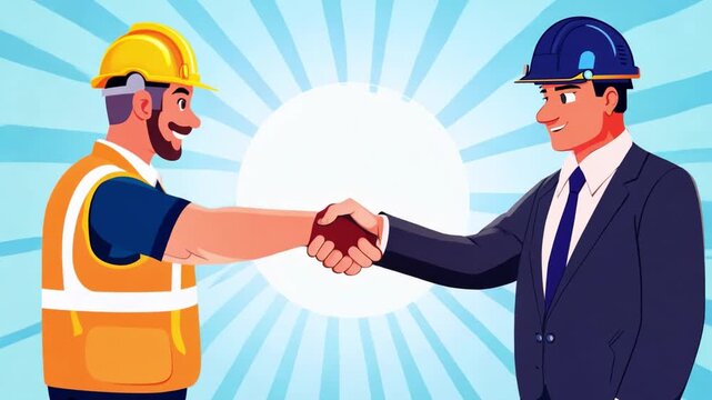 Cartoon male engineer shaking hands with businessman animation concept of success in industrial business