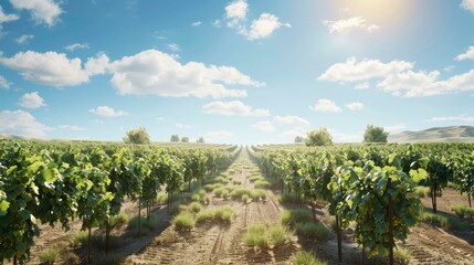 Naklejka premium A serene vineyard with rows of grapevines and clear blue skies.