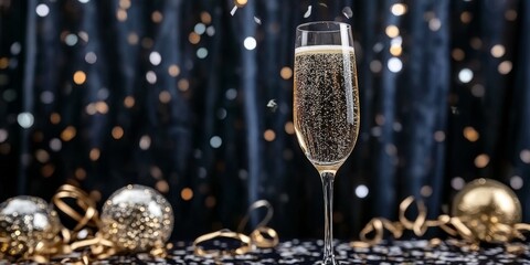 Champagne Toast Celebration on Black and Gold Confetti Table Setting Generative AI