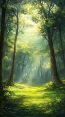 A serene forest scene with tall trees and sunlight filtering through the leaves, creating dappled light on the green grassy ground. The atmosphere is peaceful as mist hovers in the air