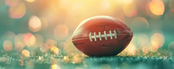 Close-up of an American football on a grassy field with a bokeh background, capturing the essence of the sport and its atmosphere.