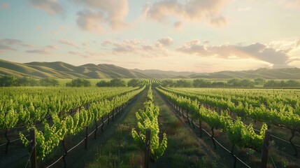 Fototapeta premium A serene vineyard with rows of grapevines and rolling hills.