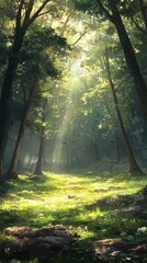 Obraz premium A serene forest scene with tall trees and sunlight filtering through the leaves, creating dappled light on the green grassy ground. The atmosphere is peaceful as mist hovers in the air