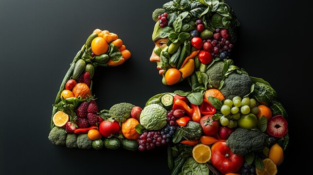 Strong man silhouette made of  fruits and vegetables, symbolizing health and fitness