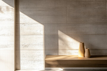 Raw concrete surface in warm tones with natural lighting and shadow interplay. Luxury interiors details.