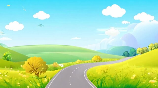 Beautiful nature road view, grass, mountains and seal butterfly moving cartoon illustration