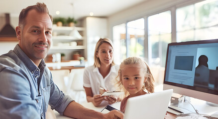 Obraz premium Family Collaborating in Bright Home Office