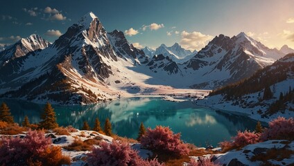 Fototapeta premium winter lake view photo with beautiful mountain background made by AI generative