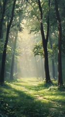 Obraz premium A tranquil forest scene with tall trees and sunlight filtering through the leaves, creating dappled light on lush green grass. The atmosphere is serene as mist rises from dew-covered foliage