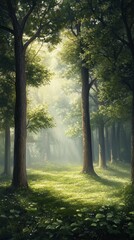 Obraz premium A tranquil forest scene with tall trees and sunlight filtering through the leaves, creating dappled light on lush green grass. The atmosphere is serene as mist rises from dew-covered foliage