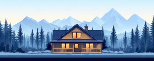 Fototapeta premium Mountain cabin getaway flat design front view vacation theme cartoon drawing Triadic Color Scheme