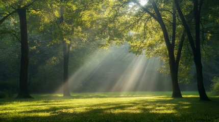 Fototapeta premium A tranquil forest scene with tall trees and sunlight filtering through the leaves, creating dappled light on lush green grass. The atmosphere is serene as mist rises from dew-covered foliage